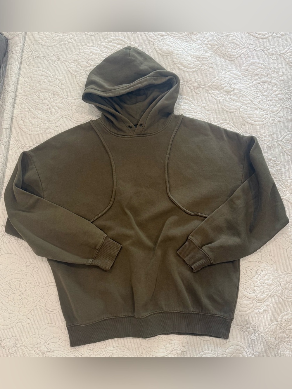 OAK + FORT Men’s Olive Hoodie with Panel Stitching Sz Large Unique,Streetwear - Picture 2 of 12
